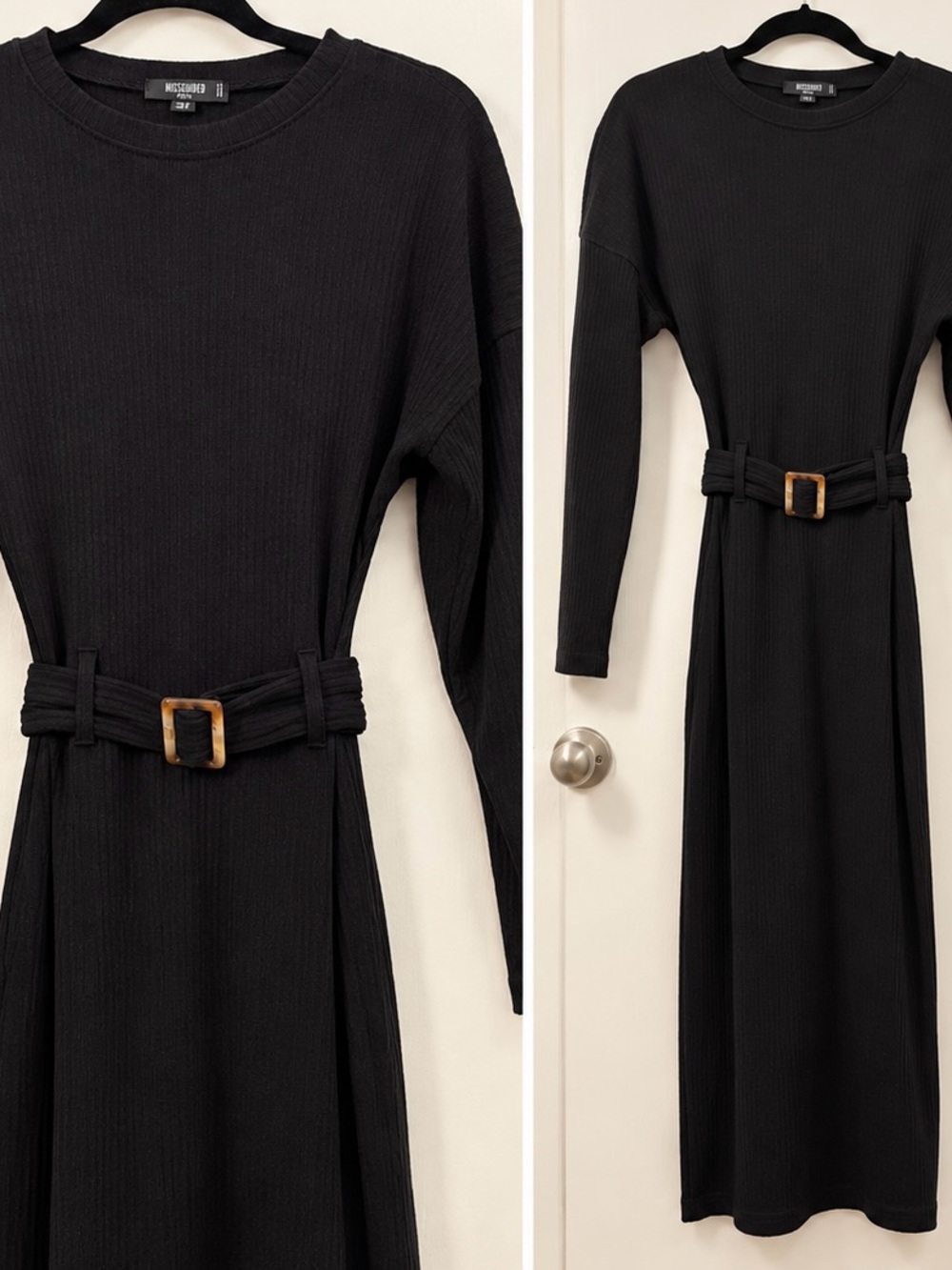 Missguided Petite Black Long Sleeve Ribbed Midi Dress with Belt